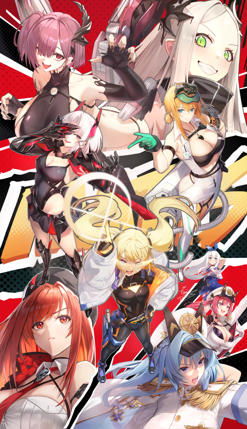 6+girls :d above_cleavage_cutout absurdres aegis_(nikke) anchor_(nikke) aqua_gloves arm_armor arm_strap arm_up armband armored_boots armpits bandaid bandaid_on_cheek bandaid_on_face bare_shoulders beret bikini black_bikini black_bodysuit black_boots black_cloak black_gloves black_hat black_horns black_leotard black_liquid black_nails black_sports_bra blonde_hair blue_armband blue_dress blue_eyes blue_hair blue_ribbon blue_sailor_collar bodysuit boots braid breasts chest_belt cleavage cloak closed_mouth coat coat_on_shoulders collarbone collared_dress commentary covered_navel detached_collar drake_(nikke) dress earclip elbow_gloves english_commentary epaulettes fake_horns fang fingernails floating_hair forehead full_body gainoob gloves goddess_of_victory:_nikke green_eyes grey_hair grin groin hair_between_eyes hair_intakes hair_ornament hair_over_one_eye hair_ribbon hand_on_own_hip hat helm_(nikke) highleg highleg_leotard highres holding holding_mask horns jacket jewelry kamina_shades laplace_(nikke) large_breasts leg_armor leotard leviathan_(nikke) liquid_clothes long_fingernails long_hair looking_at_viewer looking_to_the_side mask mast_(nikke) matis_(nikke) maxwell_(nikke) mechanical_tail medium_breasts medium_hair midriff multiple_girls multiple_piercings necklace necktie official_alternate_costume official_alternate_hair_color one_side_up open_clothes open_coat open_mouth parted_bangs pink_eyes pink_hair pointy_ears ponytail rapi_(nikke) rapi_(red_hood)_(nikke) red_background red_eyes red_hair red_necktie ribbon rigging sailor_collar sailor_dress see-through_clothes see-through_shirt shirt short_hair short_hair_with_long_locks short_ponytail sideboob sidelocks signature single_horn skindentation skull_choker skull_hair_ornament sleeveless sleeveless_dress small_breasts smile sports_bra standing stomach swimsuit tail teeth thigh_boots turtleneck twintails two-tone_gloves very_long_hair white_boots white_coat white_dress white_gloves white_hair white_hat white_jacket white_shirt yellow_armband yellow_gloves ziz_(nikke)