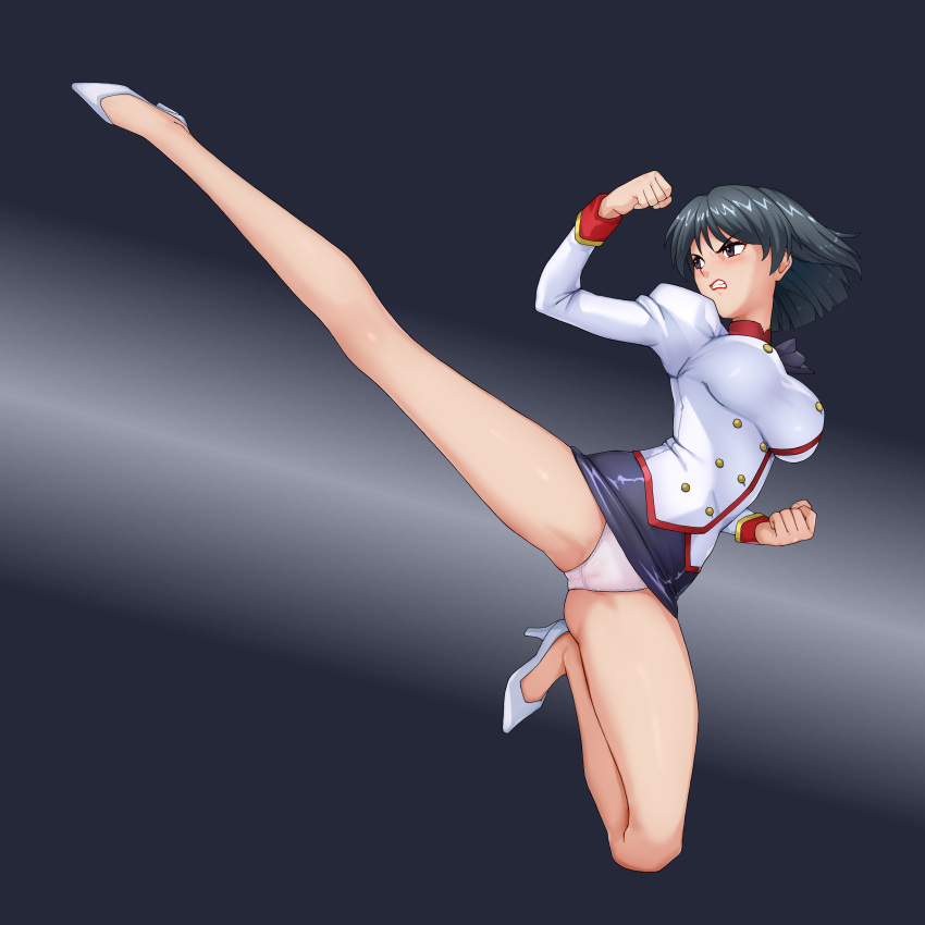 1girl absurdres adjutant_(agent_aika) agent_aika aika_(series) black_hair blush breasts brown_eyes cameltoe clenched_teeth crotch delmogeny_uniform full_body haimei1980 high_heels high_kick highres kicking large_breasts microskirt military_uniform panties short_hair simple_background skirt solo teeth underwear white_delmo white_panties