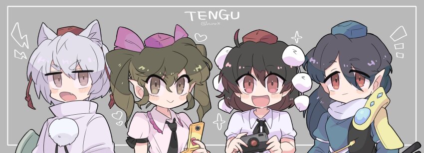 4girls :&gt; :/ ahoge alternate_costume animal_ear_fluff animal_ears asymmetrical_bangs black_necktie black_ribbon black_shirt black_trim blue_hair blue_hat blue_shirt blush border bow brown_eyes brown_hair camera cellphone closed_mouth collar collared_shirt commentary double-parted_bangs drawstring fang grey_background grey_eyes grey_hair hair_between_eyes hair_bow hands_out_of_frame harunori_(hrnrx) hat heart highres himekaidou_hatate holding holding_camera holding_phone holding_shield holding_tripod iizunamaru_megumu inubashiri_momiji jitome lightning_bolt_symbol long_hair long_sleeves medium_hair multiple_girls neck_ribbon necktie notice_lines open_mouth phone pointy_ears pom_pom_(clothes) puffy_long_sleeves puffy_short_sleeves puffy_sleeves purple_bow purple_hat red_eyes red_hat ribbon romaji_text shameimaru_aya shield shirt short_hair short_sleeves shoulder_guard sidelocks smile sparkle sweater tengu tokin_hat touhou tripod turtleneck twitter_username two-tone_shirt two_side_up upper_body v-shaped_eyebrows white_border white_collar white_shirt white_sweater wolf_ears wolf_girl
