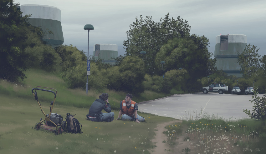 1boy 1other absurdres bracelet building cloud cloudy_sky dandelion denim flower grass gun high-visibility_clothing high-visibility_vest highres jeans jewelry lamppost lawnmower necklace pants parking_lot parking_permissive_sign science_fiction shirt simon_stalenhag sky sweater swedish_machines t-shirt tree unconventional_emergency_vehicle_lighting weapon