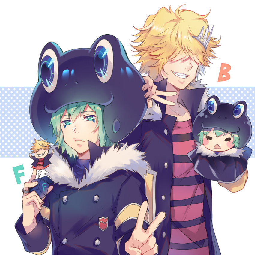 animal_hat belphegor_(reborn) blonde_hair commentary_request ekita_kuro fran_(reborn) green_eyes green_hair hair_over_eyes hat jewelry katekyo_hitman_reborn! knife looking_at_viewer male_focus multiple_boys ring shirt smile striped_clothes striped_shirt tiara varia