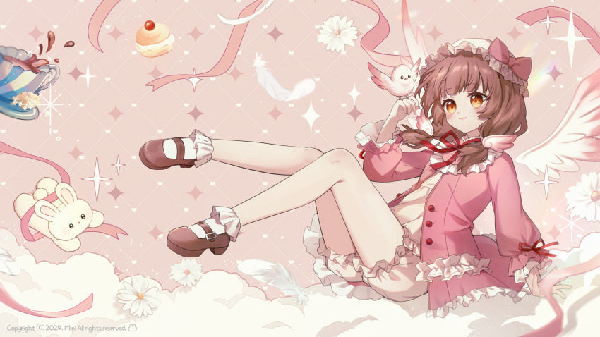 1girl absurdres animal bird bird_on_hand bloomers bobby_socks brown_background brown_eyes brown_hair brown_shoes commentary commission cup danby_merong detached_wings feathered_wings feathers flower food hand_up highres jacket long_hair long_sleeves low_twintails neck_ribbon open_clothes open_jacket original pink_jacket puffy_long_sleeves puffy_sleeves red_ribbon ribbon shirt shoes socks solo stuffed_animal stuffed_rabbit stuffed_toy symbol-only_commentary twintails underwear white_bloomers white_feathers white_flower white_shirt white_socks white_wings wings