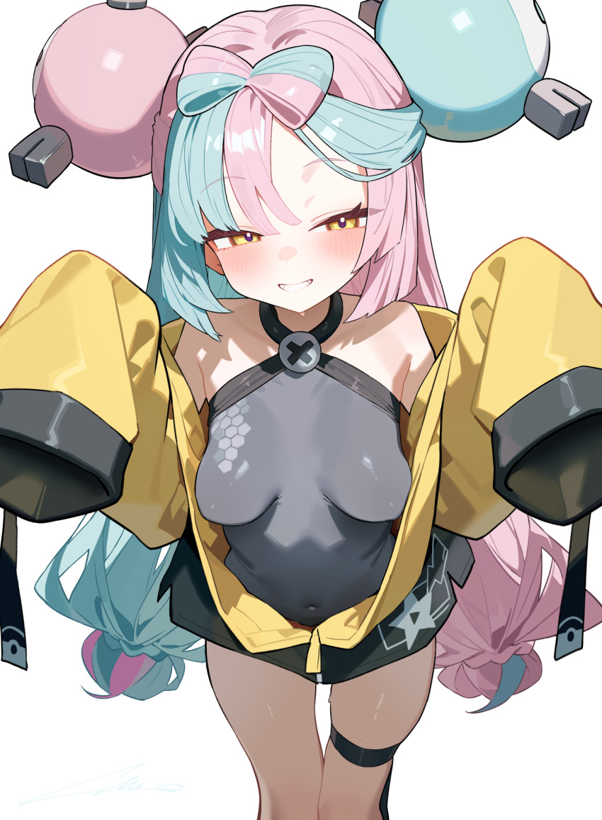 1girl bow-shaped_hair character_hair_ornament hair_ornament hexagon_print highres iono_(pokemon) jacket nintendo overlord_(overlord80000) oversized_clothes pokemon pokemon_sv simple_background sleeves_past_fingers sleeves_past_wrists solo very_long_sleeves white_background x yellow_jacket