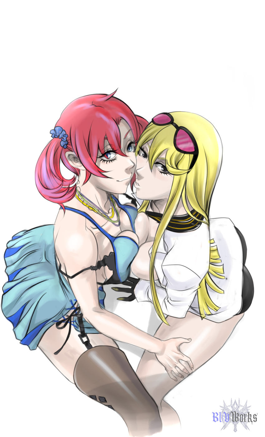 2girls absurdres ass black_bra black_eyes black_shorts black_thighhighs blonde_hair blue_camisole blue_eyes blumiu bra breast_press breasts camisole cowboy_shot digimon digimon_story:_cyber_sleuth eyewear_on_head from_above highres kuremi_kyouko large_breasts long_hair looking_at_viewer multiple_girls pink-tinted_eyewear red_hair shiramine_nokia shirt shorts simple_background sunglasses symmetrical_docking thighhighs tinted_eyewear twintails underwear white_background white_shirt