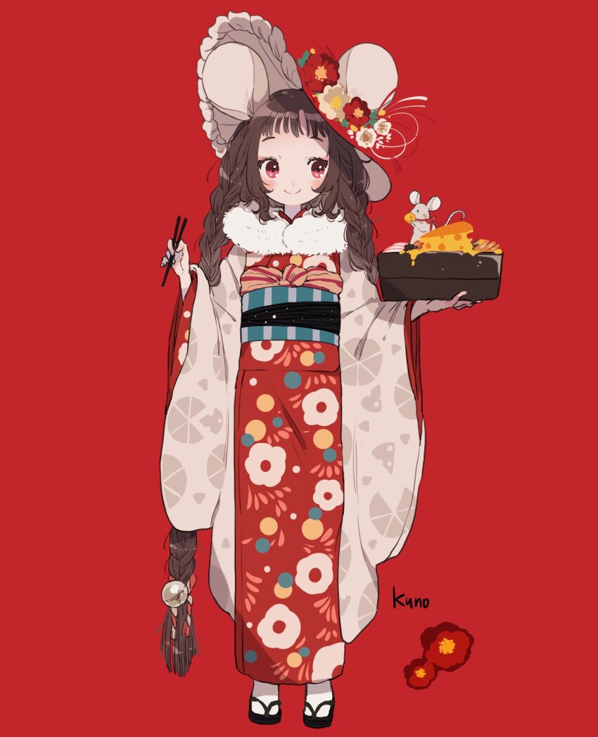 1girl animal_ears artist_name black_sandals blending blunt_bangs blush_stickers box braid brown_hair cheese chopsticks closed_mouth commentary_request ears_through_headwear eyelashes floral_print flower food frilled_hat frills full_body hair_bobbles hair_ornament haori hat hat_flower highres holding holding_box holding_chopsticks jacket japanese_clothes jikuno kimono long_hair long_sleeves looking_to_the_side low_twin_braids mouse_(animal) mouse_ears open_clothes open_jacket original red_background red_eyes red_flower red_hat red_kimono sandals simple_background smile socks solo straight-on tabi twin_braids very_long_hair white_flower white_jacket white_sleeves white_socks wide_sleeves yukata zouri