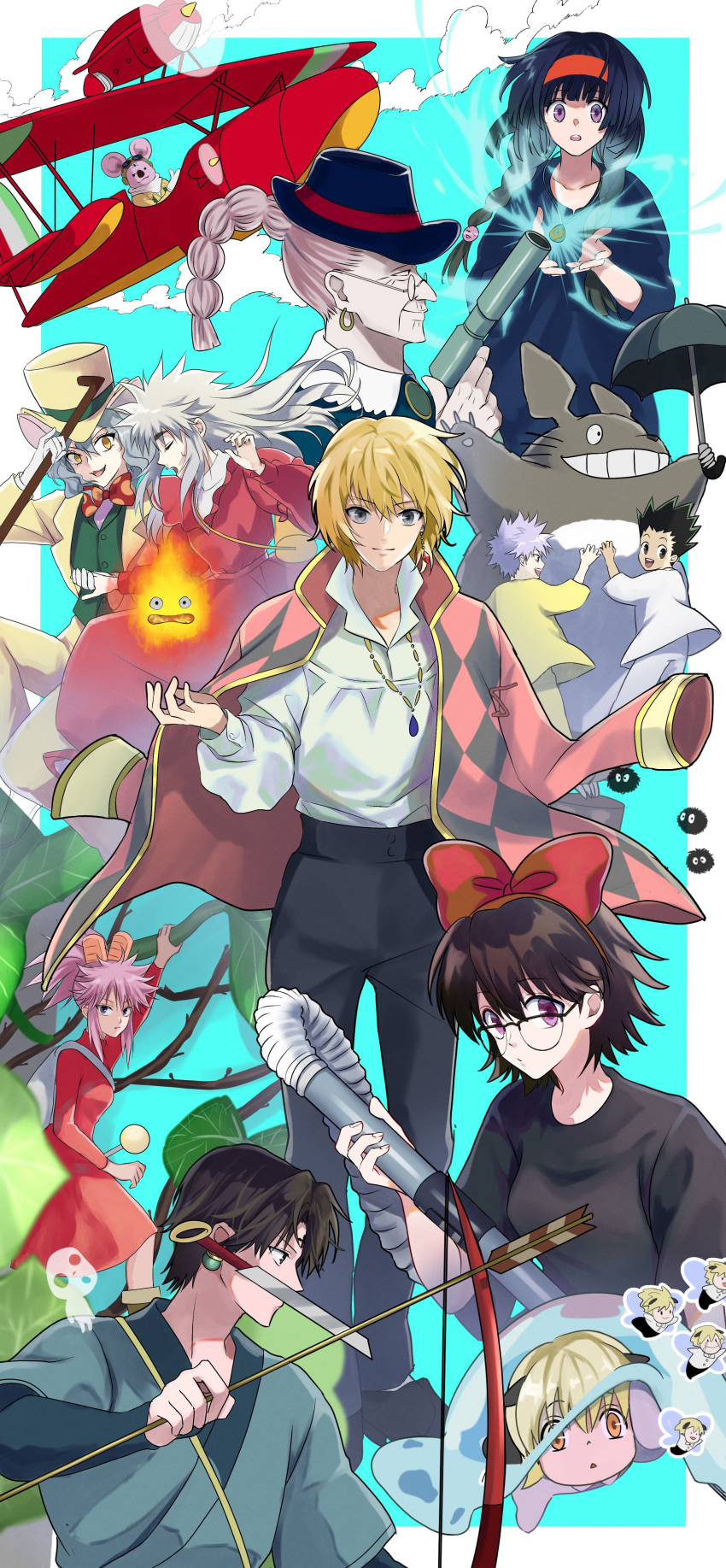 1other 4girls 6+boys absurdres aircraft airplane alluka_zoldyck animal animal_ears antennae arrietty arrietty_(cosplay) arrow_(projectile) ashitaka ashitaka_(cosplay) bag black_hair black_headwear black_pants blue_dress bow bow_(weapon) braid calcifer cane cat_ears child chrollo_lucilfer clinging clone clothed_animal copyright_request cosplay crossdressing crossover dola_(laputa) dola_(laputa)_(cosplay) dress earrings fire floating_hair flying flying_boat gake_no_ue_no_ponyo glasses gloves glowing gon_freecss green_vest grey_hair gun hairband hat highres holding holding_arrow holding_cane holding_gun holding_hands holding_vacuum_cleaner holding_weapon howl_(howl_no_ugoku_shiro) howl_(howl_no_ugoku_shiro)_(cosplay) howl_no_ugoku_shiro hunter_x_hunter inset jacket jacket_over_shoulder japanese_clothes jellyfish jewelry jumping karigurashi_no_arrietty kiki_(majo_no_takkyuubin) kiki_(majo_no_takkyuubin)_(cosplay) killua_zoldyck kimono koala koala_(hunter_x_hunter) kodama komugi_(hunter_x_hunter) kurapika kurenai_no_buta long_hair long_sleeves looking_at_viewer machi_komacine majo_no_takkyuubin mimi_wo_sumaseba minato_x3710 mini_person miniboy mononoke_hime mouth_hold multi-tied_hair multiple_boys multiple_girls necklace neferpitou old old_woman pajamas pants pink_hair plant ponyo ponyo_(cosplay) ponytail porco_rosso_(character) porco_rosso_(character)_(cosplay) profile purple_eyes red_bow red_dress seaplane shaiapouf sheeta sheeta_(cosplay) shirt shizuku_murasaki short_hair sky smile spiked_hair standing studio_ghibli susuwatari tenkuu_no_shiro_laputa the_baron_(cosplay) the_baron_(mimi_wo_sumaseba) thorns thumbs_up top_hat totoro trap tsubone_(hunter_x_hunter) tsukishima_shizuku tsukishima_shizuku_(cosplay) twin_braids twintails umbrella_riding unworn_jacket vest vines weapon weapon_in_mouth white_gloves white_shirt yellow_headwear yellow_jacket yellow_pants