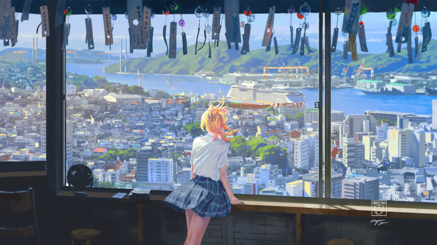 1girl bare_arms blonde_hair blue_skirt blue_sky chinese_commentary city classroom cloud collared_shirt commentary_request construction cowboy_shot cruiser electric_fan floating_clothes floating_hair from_behind glass_chair hair_bun hands_on_table highres indoors long_hair military_vehicle miniskirt mountain original paper_stack plaid_clothes plaid_skirt pleated_skirt river school_uniform ship shirt short_sleeves signature single_hair_bun skirt sky solo standing stool tree warship watercraft wayne_chan white_shirt wind wind_chime window