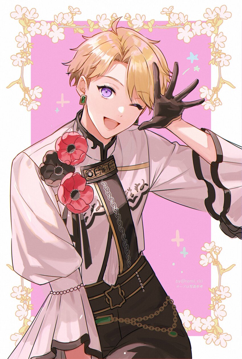 1boy ahoge black_flower black_gloves black_pants blonde_hair earrings ensemble_stars! flower gloves hand_up highres jewelry long_sleeves looking_at_viewer narukami_arashi official_alternate_costume one_eye_closed open_mouth pants parted_bangs purple_eyes red_flower riri_(artist) shirt short_hair smile solo white_shirt wide_sleeves