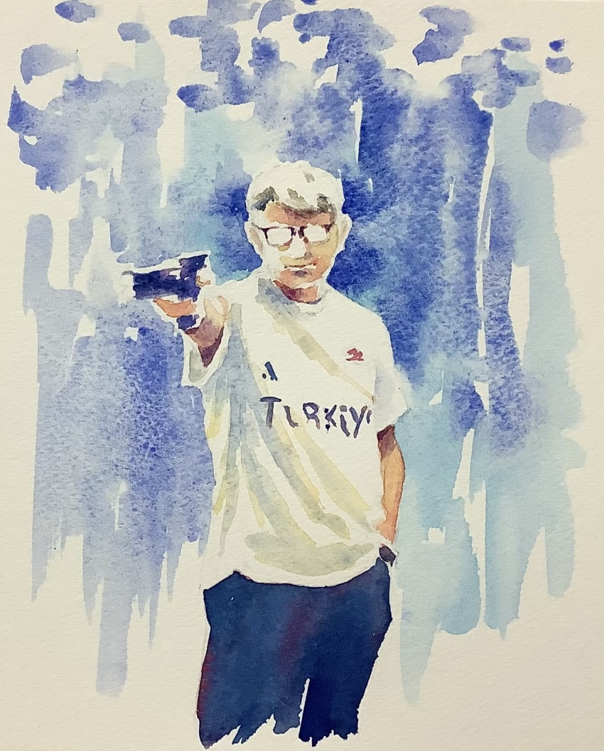 1boy aiming blue_background cropped_legs didi_daisukedoi glasses gun handgun highres male_focus painting_(medium) real_life shirt short_sleeves solo traditional_media watercolor_(medium) weapon white_shirt yusuf_dikec