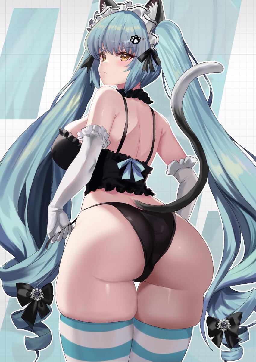 1girl absurdres animal_ears aqua_hair ass black_panties blush breasts cat_ears cat_tail closed_mouth commission elbow_gloves felielle frilled_gloves frills frown gloves goddess_of_victory:_nikke hair_ribbon highres large_breasts long_hair looking_at_viewer looking_back maid_headdress panties panty_pull paw_hair_ornament privaty_(nikke) privaty_(unkind_maid)_(nikke) ribbon second-party_source skindentation solo standing striped_clothes striped_thighhighs tail thighhighs twintails underwear very_long_hair white_headdress
