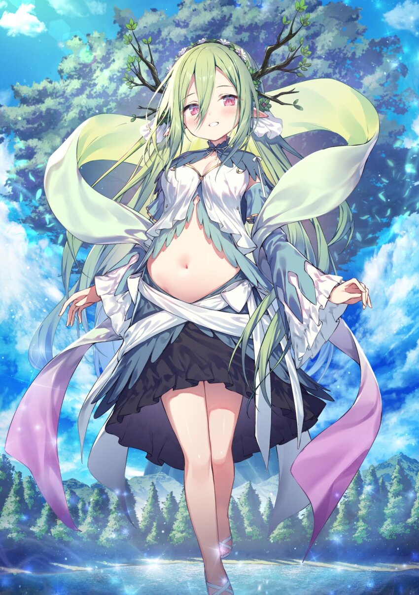 1girl antlers bare_legs black_skirt blue_sky blush breasts cleavage cloud commentary day detached_sleeves fantasy floating forest full_body giant_tree green_hair hair_between_eyes highres horns lake leaf long_hair looking_at_viewer medium_breasts midriff mountainous_horizon nature navel original outdoors parted_lips personification pink_eyes pointy_ears sandals shawl skirt sky smile solo sparkle stomach topia tree water white_sandals wide_sleeves yggdrasil