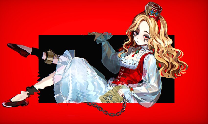 1girl ada_mesmer ada_mesmer_(layla) ankle_cuffs black_background blonde_hair blue_eyes breasts bustier chain cleavage collar cuffs dress facial_mark flats frilled_collar frills full_body hairband hat heterochromia highres hoge_(n8sss) holding holding_chain identity_v long_hair long_sleeves looking_at_viewer medium_breasts mini_hat parted_bangs puffy_long_sleeves puffy_sleeves reclining red_background red_eyes red_footwear red_hairband red_headwear scissors see-through_clothes see-through_sleeves smile solo two-tone_background wavy_hair white_dress