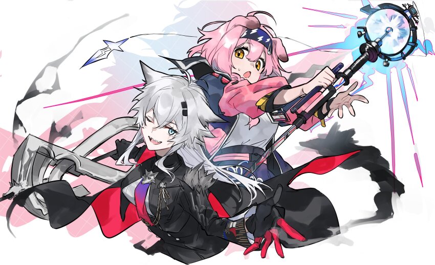 2girls :o animal animal_ears arknights black_cape black_coat black_gloves blue_eyes cape cat_ears coat commentary_request cropped_torso gloves goldenglow_(arknights) grey_hair highres holding holding_staff jacket lappland_(arknights) lappland_the_decadenza_(arknights) lightning_bolt_print long_hair multiple_girls one_eye_closed pink_hair pink_jacket red_cape red_gloves scar scar_across_eye scar_on_face sharp_teeth shirt short_hair simple_background staff teeth two-sided_cape two-sided_fabric two-tone_gloves upper_body weapon_connection white_background white_shirt wolf_ears yakota_(usuk-yako) yellow_eyes