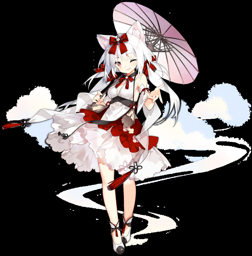 1girl animal_ears azur_lane bow breasts cat_ears dress female_focus hair_bow high_heels highres long_hair official_alternate_costume official_art one_eye_closed red_bow saru shoes smile solo transparent_background umbrella white_hair white_umbrella yukikaze_(azur_lane) yukikaze_(winter&#039;s_snowy_wind)_(azur_lane)