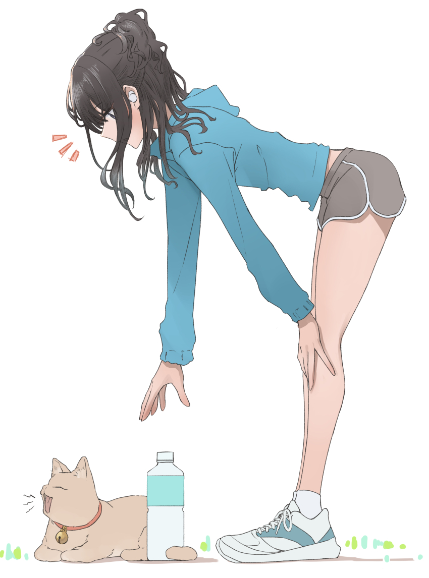 1girl absurdres bare_legs bell bent_over black_hair blue_shoes blue_sweater bottle cat commentary dolphin_shorts earbuds earphones eyes_visible_through_hair from_side full_body grey_shorts half_updo hand_on_own_knee high_ponytail highres hood hood_down hooded_sweater idolmaster idolmaster_shiny_colors jingle_bell kazano_hiori long_hair long_sleeves looking_at_animal looking_down midriff_peek multicolored_shoes neck_bell notice_lines outstretched_arm parted_lips ponytail profile reaching shoes short_ponytail short_shorts shorts sidelocks simple_background sneakers socks solo standing sweater symbol-only_commentary two-tone_shoes umirororo water_bottle wavy_hair white_background white_shoes white_socks wireless_earphones yawning