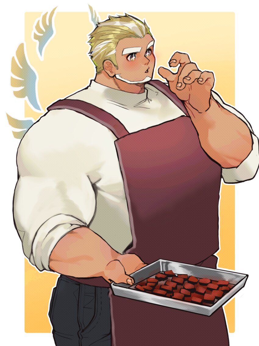 1boy angel_wings apron bara beard blonde_facial_hair blonde_hair character_request cowboy_shot eating facial_hair full_beard highres holding huge_eyebrows huge_pectorals male_focus mini_wings muscular muscular_male shiratori_yokikana short_hair solo standing star-shaped_pupils star_(symbol) symbol-shaped_pupils thick_eyebrows tokyo_houkago_summoners two-tone_background wings