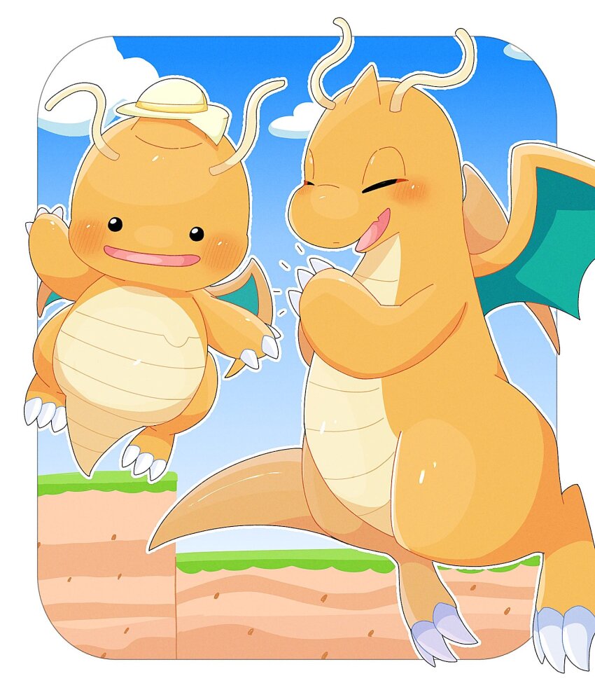 blue_sky blush claws closed_eyes cloud ditto dragon dragonite fang flygonlove330 flying gen_1_pokemon hat highres horns nintendo no_humans open_mouth outdoors pokemon pokemon_(creature) pokemon_focus pokemon_pokopia single_horn skin_fang sky smile tail transformed_ditto wings