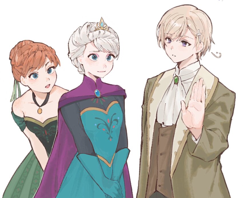 1boy 2girls anna_(frozen) ascot axis_powers_hetalia bare_shoulders black_dress blonde_hair blue_dress blue_eyes blue_gemstone blue_gloves blush brown_vest buttons cape closed_mouth collarbone commentary_request cowboy_shot cross_hair_ornament crossover dress elsa_(frozen) frozen_(disney) gem gloves green_dress green_gemstone green_jacket grey_hair hair_between_eyes hair_bun hair_ornament hand_up highres jacket jewelry lapels long_sleeves looking_at_another multiple_girls necklace norway_(hetalia) open_clothes open_jacket open_mouth orange_hair princess purple_cape purple_eyes red_lips shirt short_hair siblings simple_background sisters sleeveless sleeveless_dress smile soji_777 standing teeth tiara two-tone_dress vest white_ascot white_background white_shirt