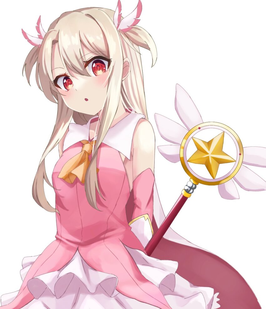 1girl :o arms_behind_back ascot bare_shoulders blush breasts collared_dress commentary cowboy_shot double-parted_bangs dress elbow_gloves fate/kaleid_liner_prisma_illya fate_(series) feather_hair_ornament feathers gloves hair_between_eyes hair_ornament highres illyasviel_von_einzbern long_hair looking_at_viewer magical_girl magical_ruby open_mouth pink_dress pink_gloves poteto_furai prisma_illya red_eyes sidelocks simple_background sleeveless sleeveless_dress small_breasts solo two_side_up white_background white_hair yellow_ascot