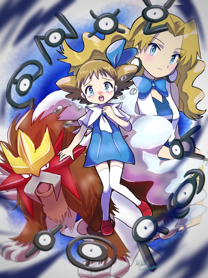 1girl 6+others absurdres aged_up blue_dress blush bow brown_hair child dress entei floating full_body game_freak gen_2_pokemon highres legendary_pokemon molly_hale multiple_others multiple_persona nintendo open_mouth pokemon pokemon_(anime) pokemon_(classic_anime) pokemon_(creature) pokemon_3:_the_movie_-_spell_of_the_unown:_entei sad sheyona short_hair teardrop tears unown unown_a unown_c unown_h unown_i unown_n unown_o unown_p unown_x unown_y