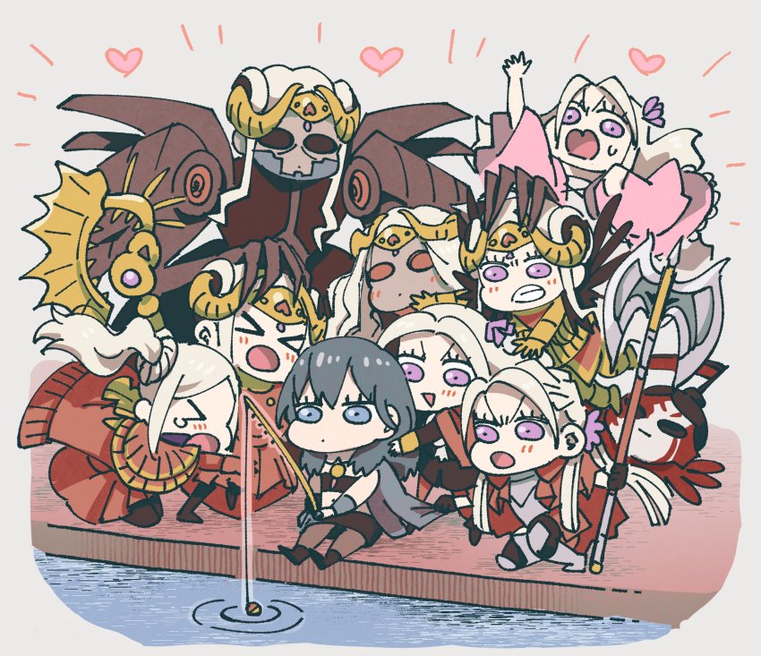 &gt;_&lt; 6+girls absurdres armor armored_dress axe aymr_(fire_emblem) blush female_byleth_(fire_emblem) chibi double_bun dress edelgard_von_hresvelg edelgard_von_hresvelg_(adrestian_emperor) edelgard_von_hresvelg_(hegemon_husk) edelgard_von_hresvelg_(timeskip) fire_emblem fire_emblem:_three_houses fire_emblem_heroes fire_emblem_warriors fire_emblem_warriors:_three_hopes fishing fishing_rod flame_emperor garreg_mach_monastery_uniform hair_bun highres korokoro_daigorou mask multiple_girls multiple_persona nintendo official_alternate_costume purple_eyes side_ponytail spoilers tiara too_many water weapon