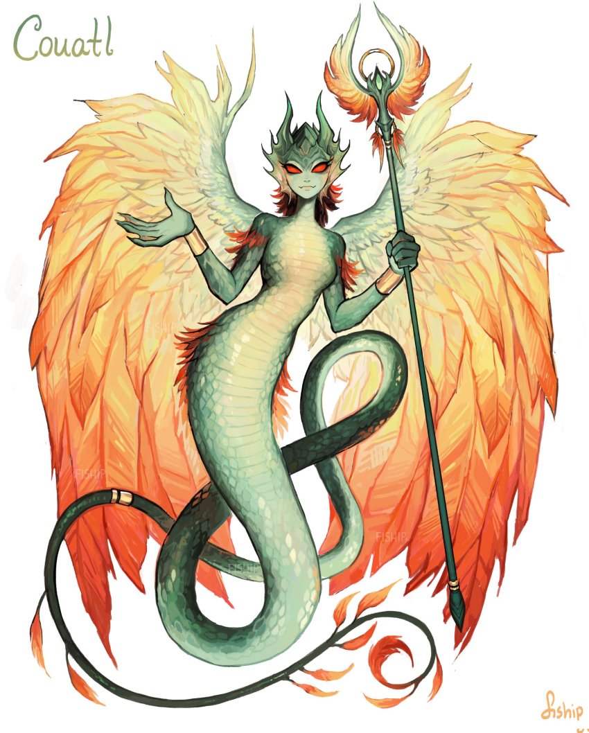 1girl artist_name blank_eyes bracer commentary english_commentary feathered_wings fins full_body head_fins highres holding holding_staff horns lamia oversized_wings looking_at_viewer matilda_fiship monster_girl personification red_eyes scales simple_background solo staff white_background wings