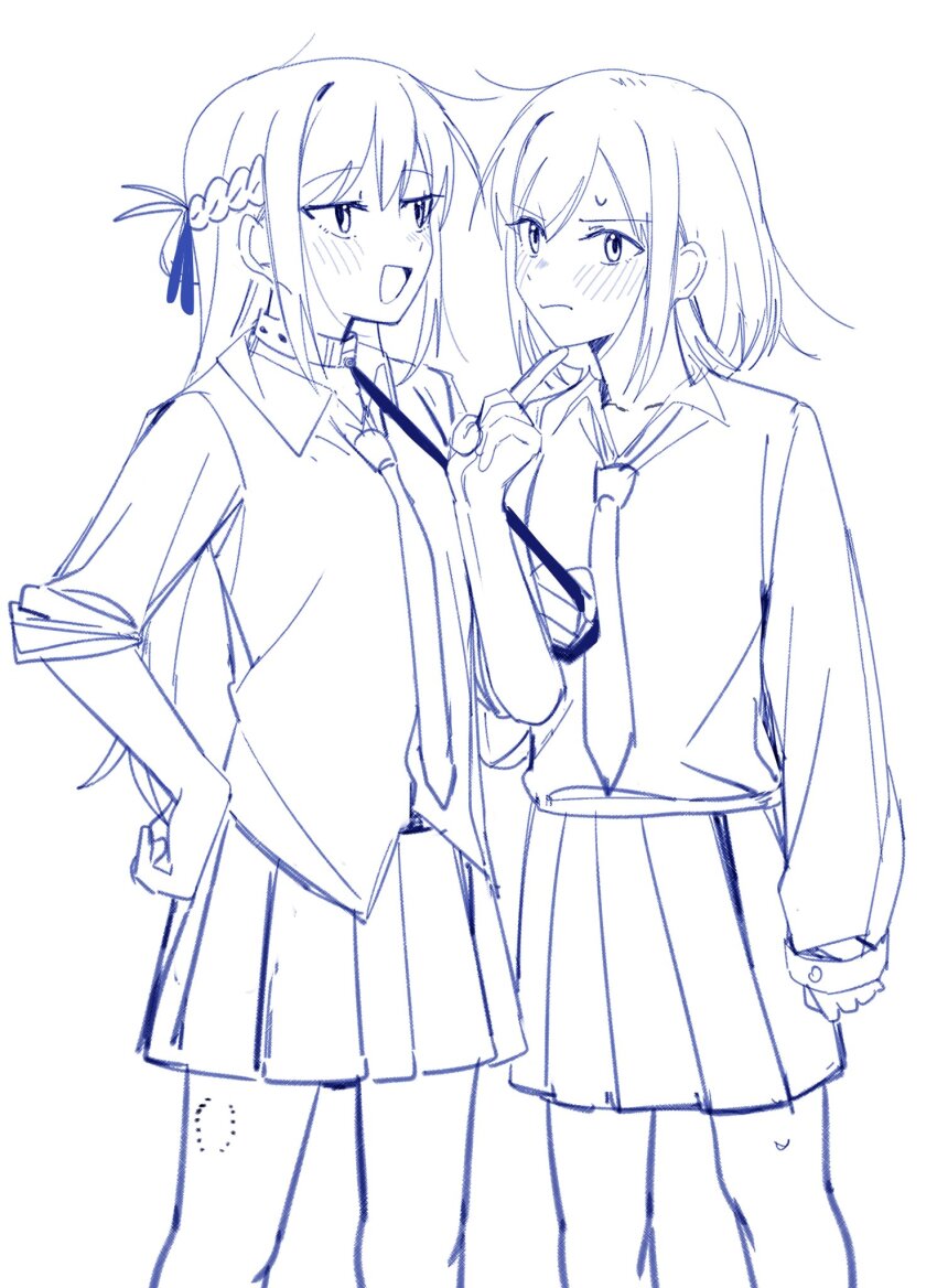 2girls bite_mark_on_leg blush braid chinese_commentary collar commentary_request haidao_mao half_up_braid hand_on_own_hip highres holding holding_leash leash long_hair long_sleeves miyagi_shiori multiple_girls necktie pleated_skirt sendai_hazuki short_hair shuuniichido_classmate_wo_kau_hanashi sidelocks simple_background skirt sweatdrop three-quarter_sleeves white_background