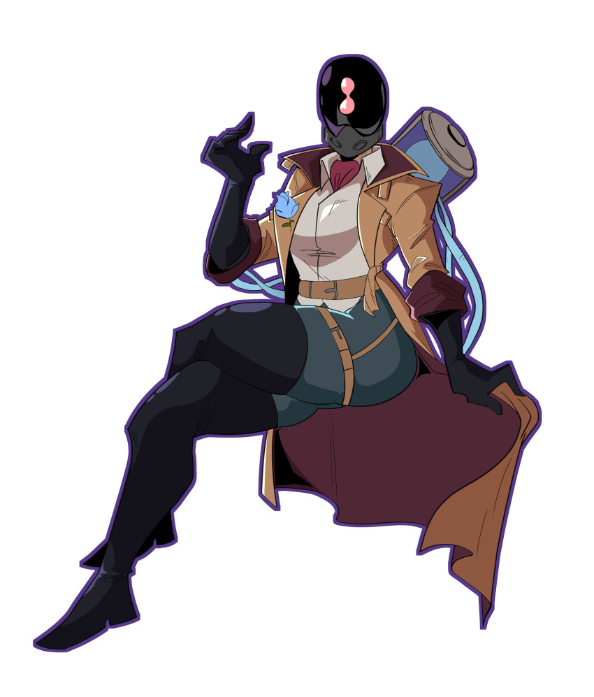 1girl absurdres belt black_footwear brown_coat brown_jacket coat crossed_legs deadlock elbow_gloves facing_viewer flower full_body gloves hand_up helmet highres invisible_chair jacket latex latex_gloves latex_thighhighs paradox_(deadlock) shirt simple_background sitting solo soulkitten23 thigh_strap thighhighs white_background white_shirt