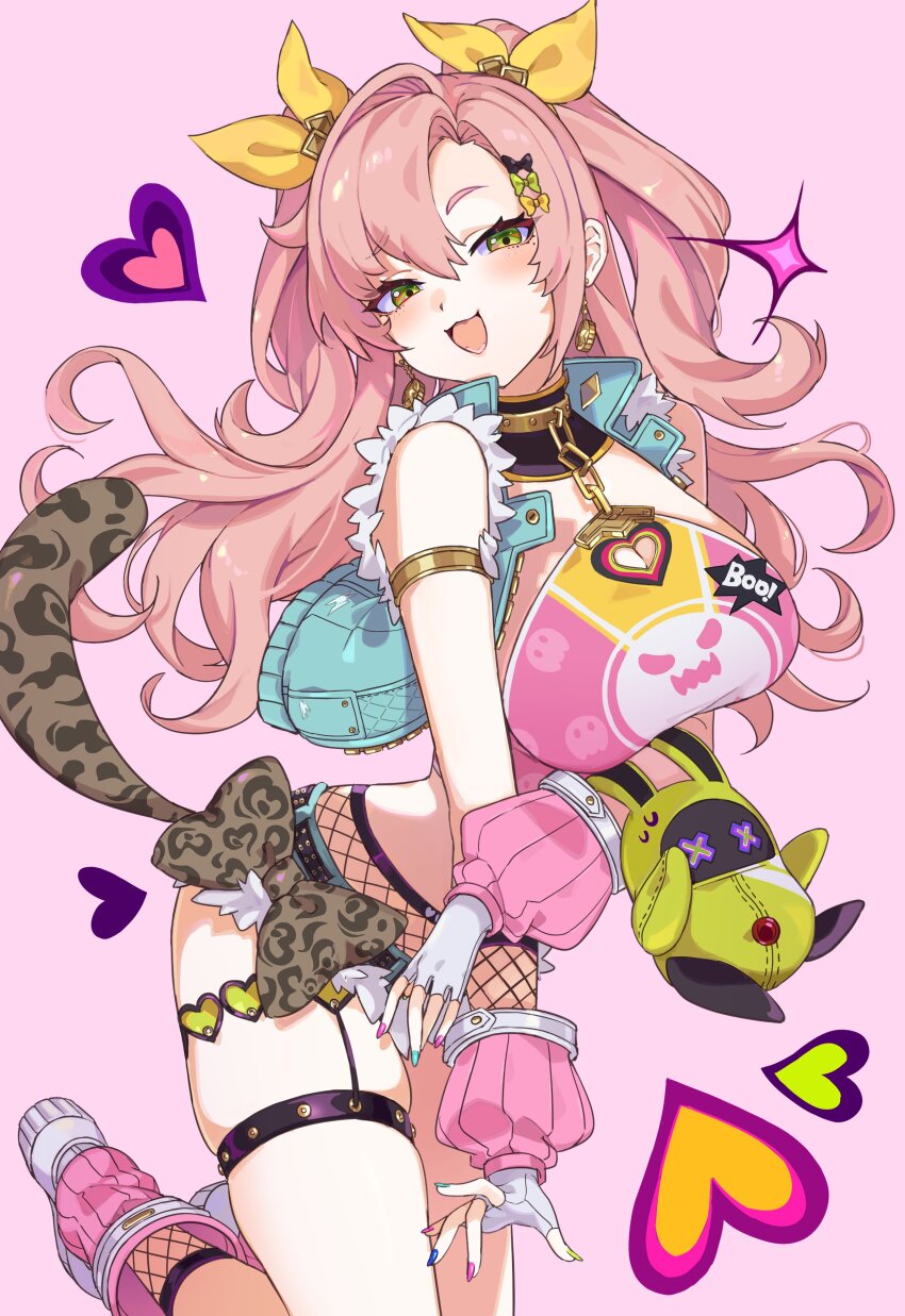 1girl :d absurdres amillion_(zenless_zone_zero) arm_under_breasts arms_under_breasts awe_(adorableduckyy) bangboo_(zenless_zone_zero) bare_shoulders blue_jacket blue_shorts breasts character_charm charm_(object) cleavage_cutout clothes_writing clothing_cutout denim denim_shorts fishnets green_eyes hair_between_eyes hair_ornament hair_ribbon heart highres huge_breasts jacket long_hair looking_at_viewer micro_shorts multicolored_nails nail_polish nicole_demara nicole_demara_(cunning_cutie) official_alternate_costume open_mouth pink_background pink_hair ribbon shorts simple_background skindentation smile solo sparkle x_x yellow_ribbon zenless_zone_zero