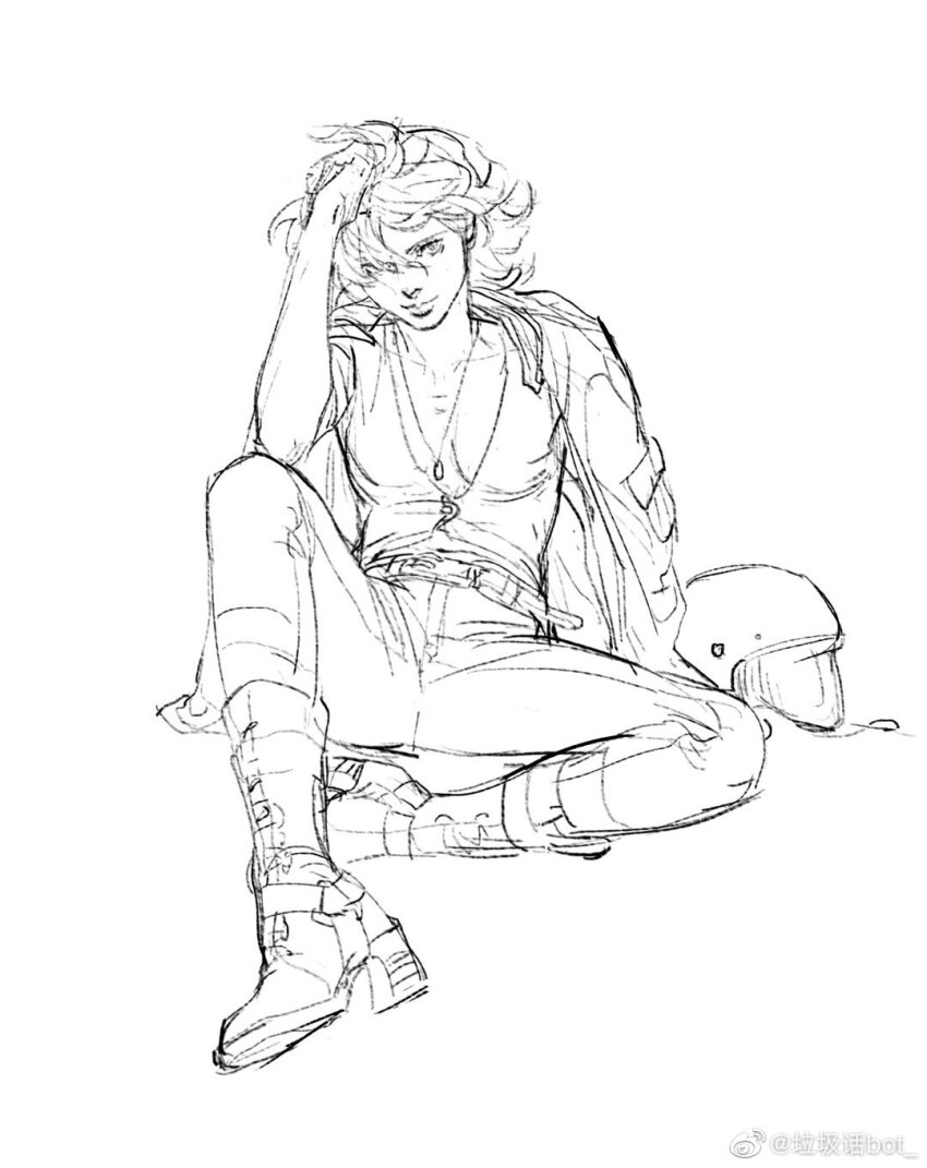 1boy barnaby_brooks_jr. closed_mouth creamyghost greyscale high_heels highres jacket jacket_on_shoulders jewelry knee_up looking_at_viewer male_focus messy_hair monochrome necklace pants shirt simple_background sitting sketch solo tiger_&amp;_bunny