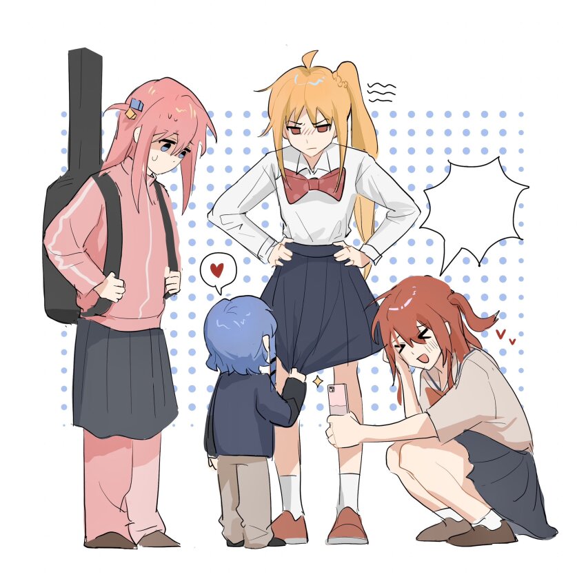 &gt;_&lt; 4girls aged_down black_shirt black_skirt blonde_hair blue_eyes blue_hair bocchi_the_rock! bow bowtie brown_cardigan cardigan cellphone child clothes_pull cube_hair_ornament gotoh_hitori hair_ornament hairclip hand_on_own_face hands_on_own_hips heart highres holding holding_phone ijichi_nijika instrument_case_on_back kessoku_band kita_ikuyo kneeling long_hair medium_hair multiple_girls neckerchief one_side_up phone pink_hair pink_track_suit pleated_skirt polka_dot polka_dot_bow puppy_wooow red_bow red_bowtie red_eyes red_hair red_neckerchief school_uniform shirt shuka_high_school_uniform side_ahoge side_ponytail skirt skirt_pull smartphone spoken_heart track_suit white_shirt yamada_ryo