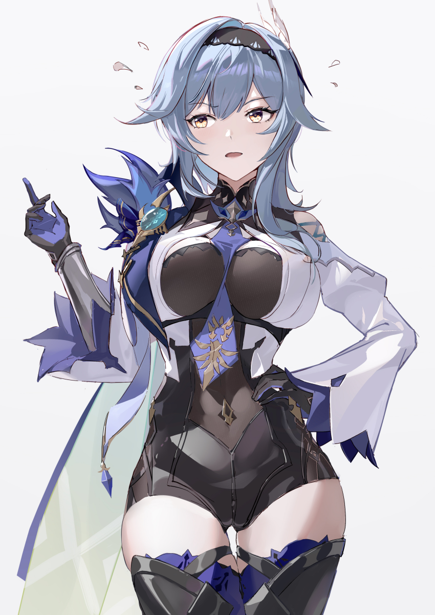 1girl absurdres black_gloves black_hairband black_leotard blue_cape blue_hair blue_necktie breasts cape clothing_cutout commentary_request cowboy_shot eula_(genshin_impact) facing_viewer genshin_impact gloves hairband hand_on_own_hip high-waist_shorts highres index_finger_raised large_breasts leotard long_hair long_sleeves looking_to_the_side necktie open_mouth refa shorts shoulder_cutout solo yellow_eyes