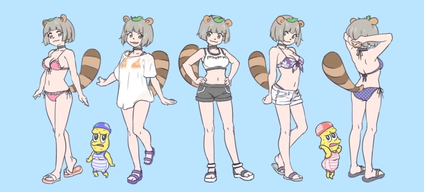 1boy 1girl :3 alternate_costume animal_ears animal_nose arms_at_sides arms_behind_head bikini bikini_under_clothes black_choker black_shorts blue_background blue_one-piece_swimsuit breasts choker closed_mouth colored_skin flip-flops front-tie_bikini_top front-tie_top full_body grey_eyes grey_hair halterneck hands_on_own_hips height_difference highres leaf leaf_on_head magari_(c0rn3r) medium_breasts mode_aim multiple_views no_socks one-piece_swimsuit open_mouth orange_bikini peanuts-kun pink_bikini polka_dot polka_dot_bikini ponpoko_(vtuber) purple_bikini raccoon_ears raccoon_girl raccoon_tail red_one-piece_swimsuit sandals shirt short_hair short_shorts shorts simple_background smile sports_bra swim_cap swimsuit tail tail_raised virtual_youtuber wet wet_clothes wet_shirt white_shirt white_shorts white_sports_bra yellow_skin
