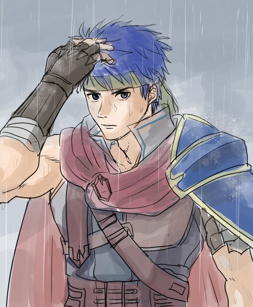 1boy absurdres armor blue_eyes blue_hair cape commentary fire_emblem fire_emblem:_radiant_dawn green_headband hand_on_own_head headband highres ike_(fire_emblem) looking_at_viewer male_focus marukubi9595 nintendo pauldrons rain red_cape short_hair shoulder_armor single_pauldron solo symbol-only_commentary upper_body