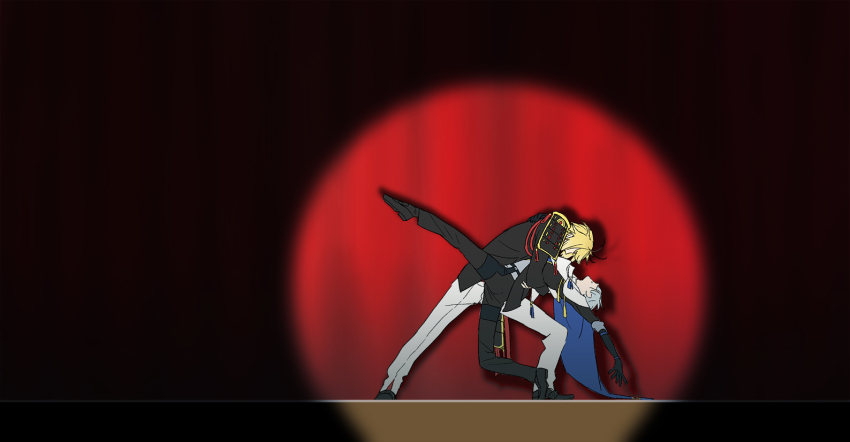 2boys armor blonde_hair capelet curtains dancing dipping japanese_armor kekkai_sensen leg_up male_focus maofish multiple_boys nansen_ichimonji parody red_curtains silver_hair spotlight sugar_song_and_bitter_step touken_ranbu yamanbagiri_chougi