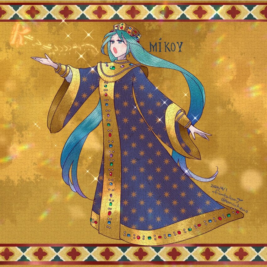 1girl aqua_eyes blue_dress blush bracelet bracer byzantine_clothes byzantine_empire commentary crown dated dress english_commentary floating_hair fresco full_body gem gold_bracelet greek_text hatsune_miku highres jewelry long_hair looking_to_the_side music necklace open_mouth outstretched_hand pearl_bracelet pearl_necklace print_dress satou_futaba_(loose_leaf) signature singing solo sparkle standing sun_print twitter_username unmoving_pattern very_long_hair vocaloid worldwide_miku
