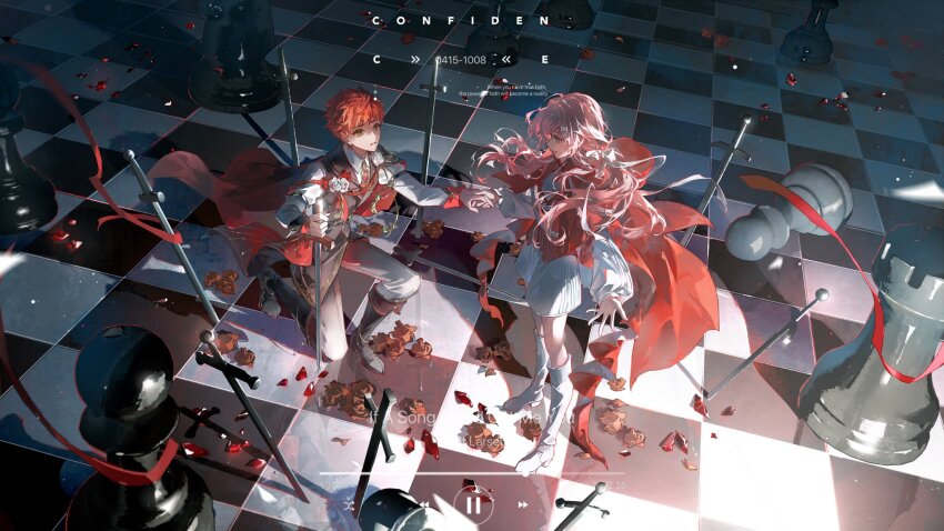 1girl board_game cape champion_uniform chess chess_piece chessboard emiya_shirou fate/stay_night fate_(series) field_of_blades gaoyue_jixiang highres long_hair multiple_swords multiple_weapons non-web_source oc_x_canon original pink_eyes pink_hair planted red_cape sword unlimited_blade_works_(reality_marble) weapon