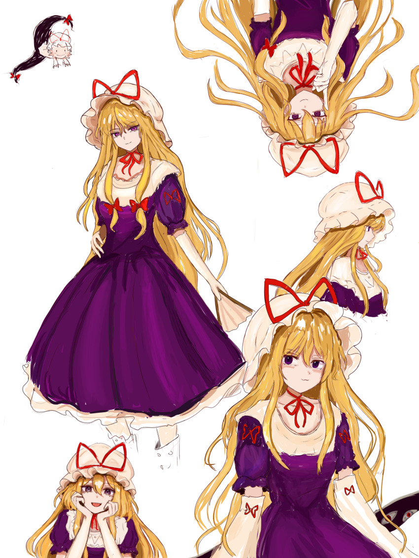1girl 83mkneinlsqmebq :3 blonde_hair choker closed_mouth dress elbow_gloves frills from_side full_body gap_(touhou) gloves hair_between_eyes hair_ribbon hand_fan hat head_rest highres holding holding_fan long_hair looking_at_viewer mob_cap multiple_expressions open_mouth purple_dress purple_eyes ribbon ribbon_choker short_sleeves smile touhou upper_body upside-down very_long_hair white_background white_gloves yakumo_yukari yakumo_yukari_(axolotl)