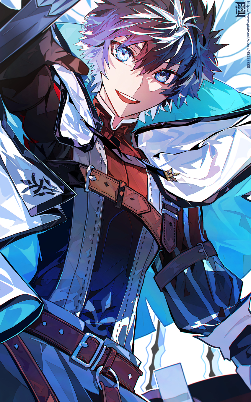 1boy absurdres black_hair blue_cape blue_eyes cape charlemagne_(fate) charlemagne_(first_ascension)_(fate) eeju fate/grand_order fate_(series) hair_between_eyes highres looking_at_viewer male_focus multicolored_hair shirt short_hair smile solo streaked_hair two-sided_cape two-sided_fabric two-tone_hair upper_body white_cape white_hair