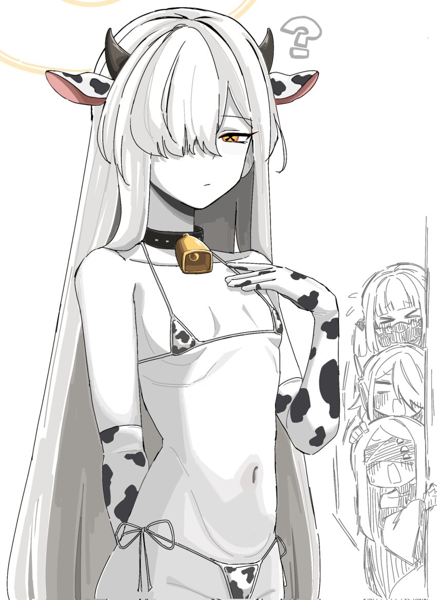 &gt;_&lt; 4girls ? animal_ears animal_print arm_behind_back bagaponchi bare_shoulders bell bikini blue_archive breasts closed_mouth colored_skin cow_ears cow_horns cow_print cow_print_bikini cow_print_gloves ein_(blue_archive) elbow_gloves gloves hair_over_one_eye halo highres horns long_hair malkuth_(blue_archive) multiple_girls navel neck_bell ohr_(blue_archive) open_mouth print_bikini print_gloves side-tie_bikini_bottom small_breasts sof_(blue_archive) solo_focus stomach swimsuit symbol-shaped_pupils very_long_hair white_background white_hair white_skin x-shaped_pupils yellow_halo