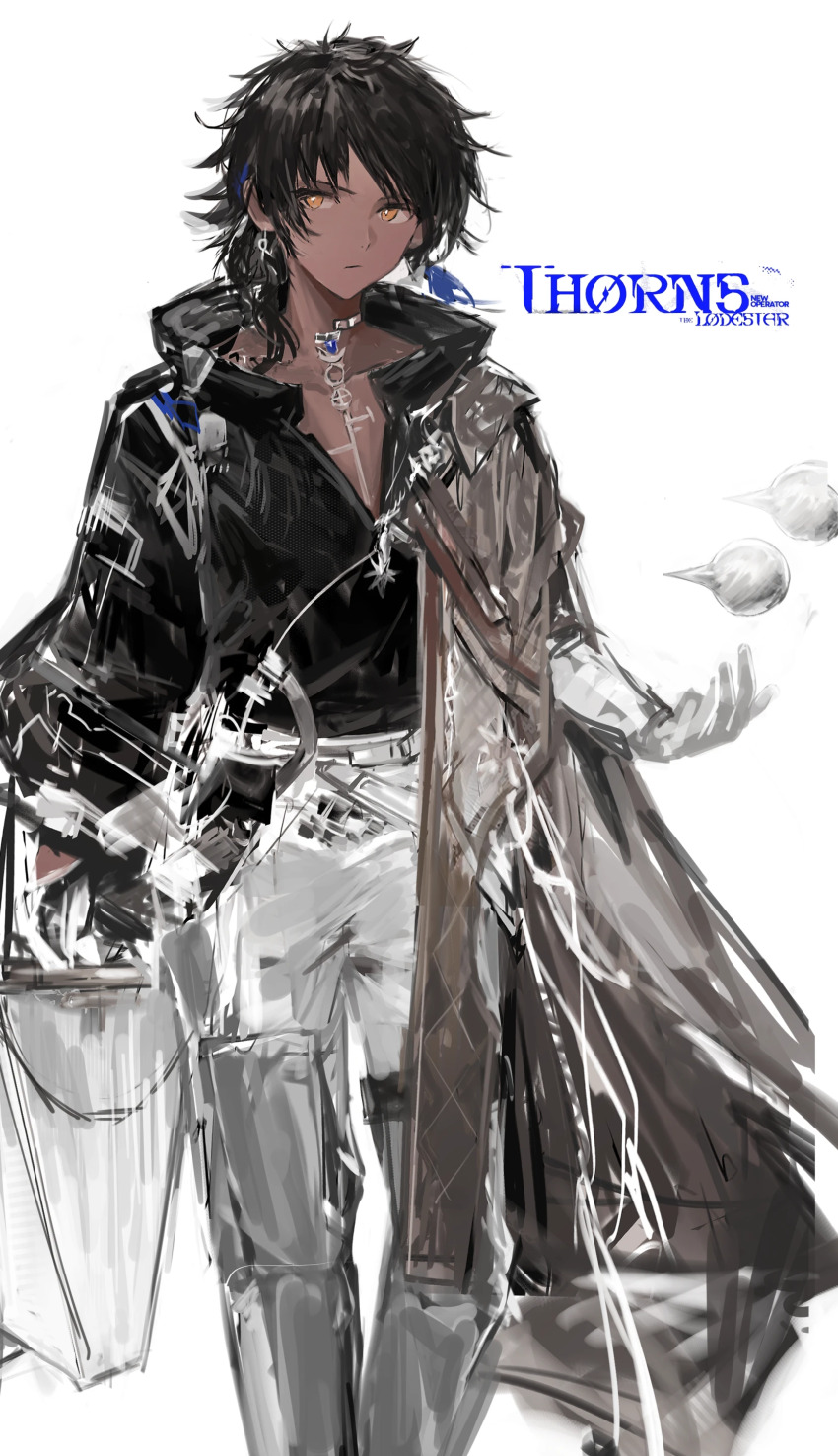 1boy absurdres arknights black_hair black_shirt blue_hair bright_pupils chinese_commentary closed_mouth commentary_request dark-skinned_male dark_skin feet_out_of_frame highres laoshi_wo_hao_e looking_at_viewer male_focus multicolored_hair original pants shirt short_hair simple_background solo standing streaked_hair thorns_(arknights) thorns_the_lodestar_(arknights) unfinished white_background white_pants white_pupils yellow_eyes