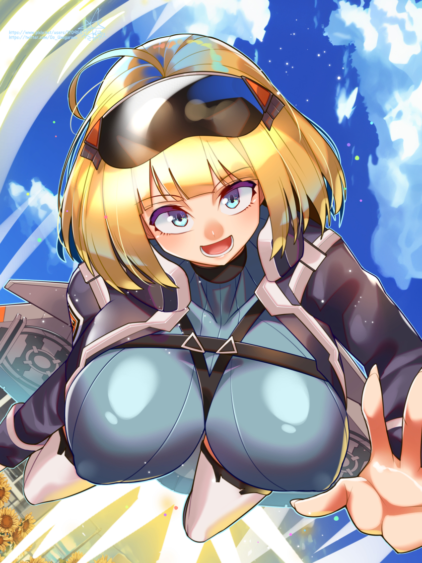 1girl :d ahoge between_breasts black_jacket blonde_hair blue_eyes blue_leotard blue_sky blunt_bangs blush breast_strap breasts building cloud cloudy_sky covered_erect_nipples day field flower flower_field flying goggles goggles_on_head griffon_(last_origin) highres jacket large_breasts last_origin leotard light_particles looking_at_viewer open_mouth pixiv_id pixiv_username short_hair signature sky smile solo sunflower sunflower_field thighhighs twitter_username umigarasu_(kitsune1963) white_thighhighs winchester_model_1866