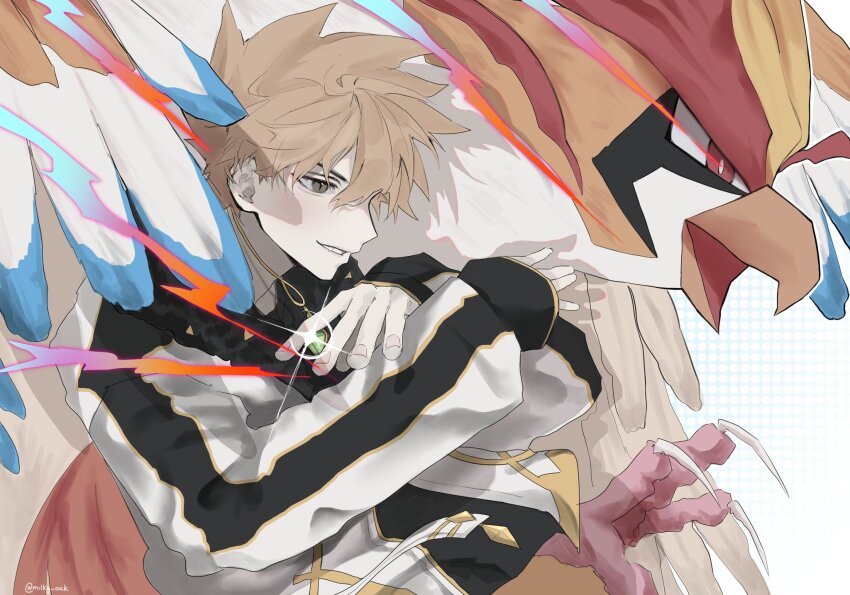 1boy beak bird black_jacket black_shirt blue_oak blue_oak_(arc_suit) brown_eyes brown_hair claws fur_trim gen_1_pokemon highres jacket jewelry long_sleeves male_focus mega_pidgeot mega_pokemon milky_oak necklace nintendo official_alternate_costume open_clothes open_jacket open_mouth pidgeot pokemon pokemon_(creature) pokemon_masters_ex red_eyes shirt smile spiked_hair talons white_jacket wings