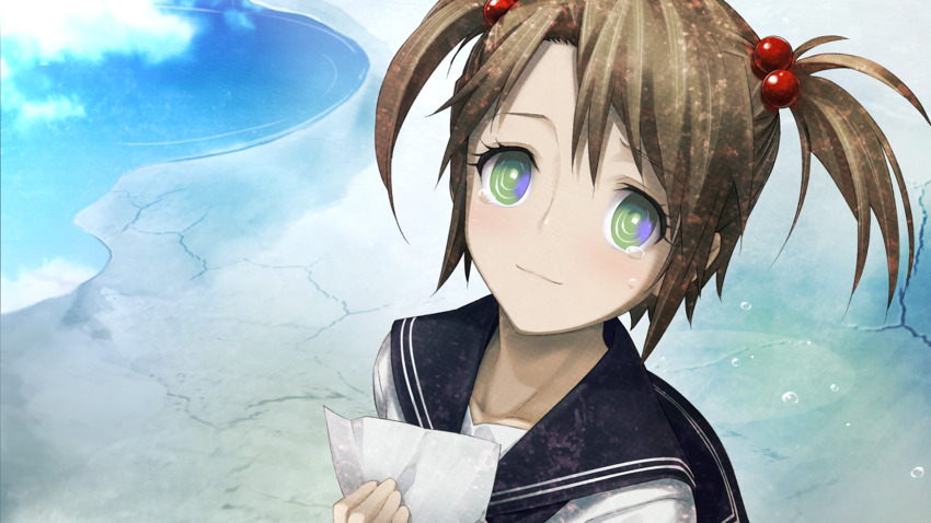 1girl aqua_eyes black_neckerchief black_sailor_collar black_sleeves blue_sky brown_hair child cloud cloudy_sky collarbone crack cropped_shirt crying crying_with_eyes_open ears_visible_through_hair flat_chest flying_teardrops from_above game_cg green_eyes highres holding holding_letter holding_to_chest huke letter looking_at_viewer looking_up neckerchief non-web_source official_art puddle reflection ringed_eyes sailor_collar school_uniform serafuku shiny_lips shirt short_sleeves short_twintails sky smile solo square_pupils steins;gate steins;gate:_linear_bounded_phenogram tears tennouji_nae twintails white_shirt white_stripes