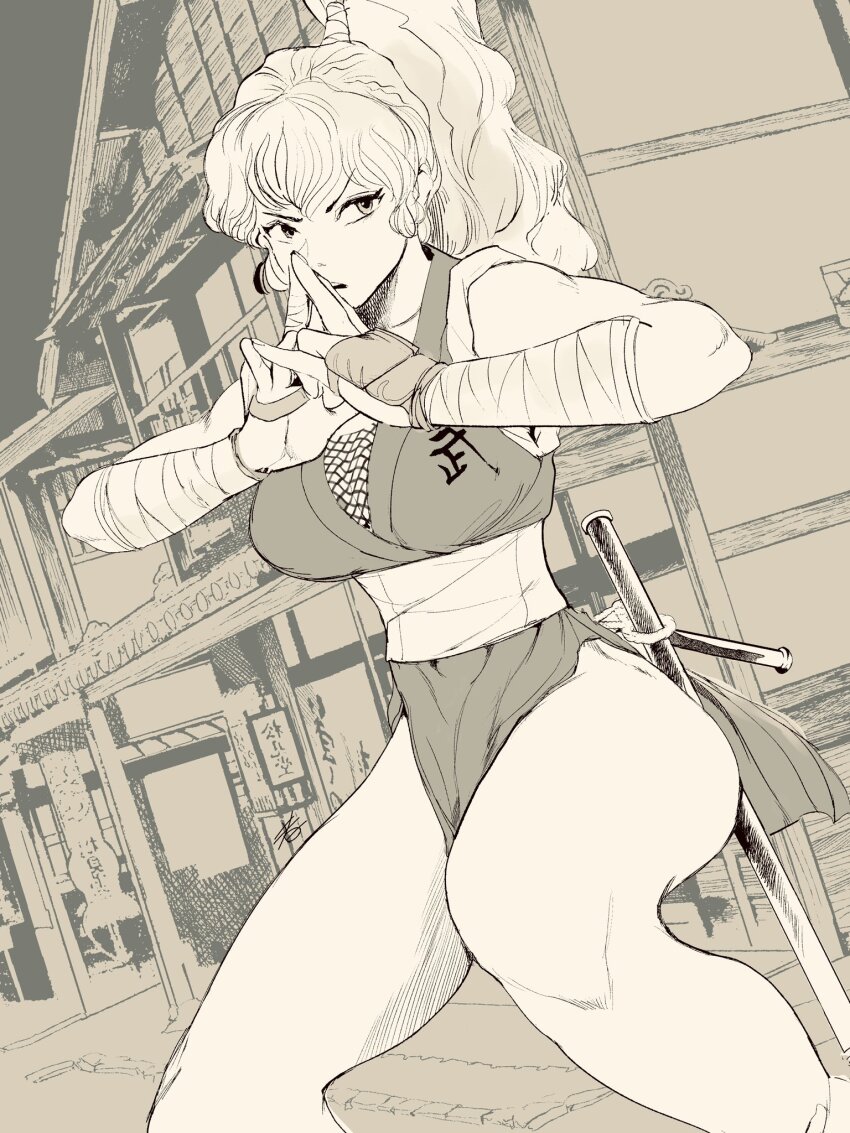 1girl architecture bare_shoulders breasts east_asian_architecture final_fight final_fight_2 genryuusai_maki highres hiroshi_mono large_breasts legs long_hair monochrome ninja ponytail sleeveless street_fighter sword weapon