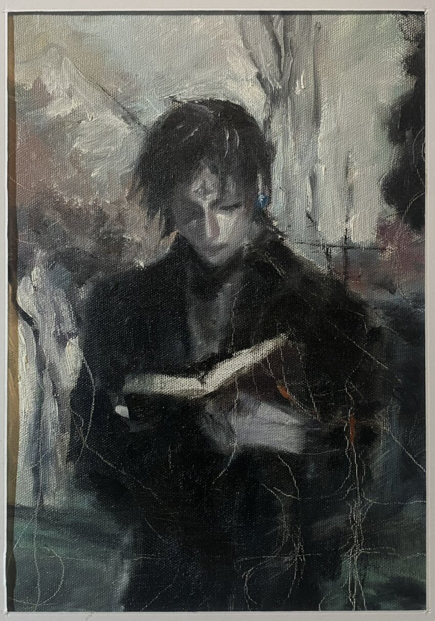 17luj 1boy black_hair black_jacket book chrollo_lucilfer closed_eyes closed_mouth commentary english_commentary facial_mark forehead_mark highres holding holding_book hunter_x_hunter jacket long_sleeves male_focus oil_painting_(medium) open_book painting_(medium) parted_bangs solo standing traditional_media