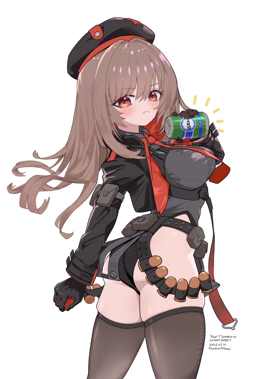 1girl absurdres arm_pouch ass bad_anatomy belt belt_pouch beret black_thighhighs breasts brown_hair can commentary_request cropped_jacket goddess_of_victory:_nikke hair_between_eyes hat highres holding holding_can jacket kunikuni_(kunihiro2005) looking_at_viewer medium_breasts multicolored_jacket necktie pouch rapi_(nikke) red_eyes red_necktie soda solo swept_bangs thighhighs two-tone_gloves two-tone_hat two-tone_jacket white_background