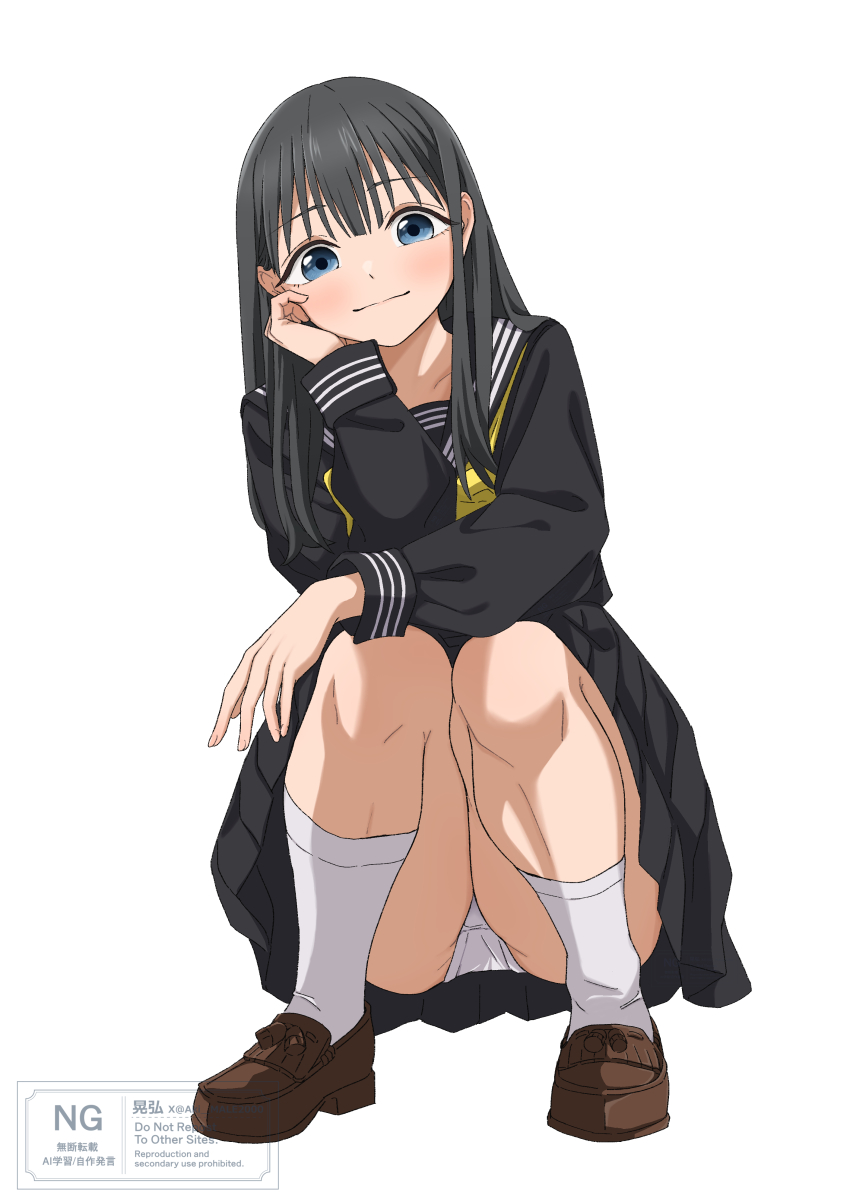 1girl absurdres akebi-chan_no_serafuku akebi_komichi aki_male2000 artist_name ass black_hair black_sailor_collar black_shirt black_skirt blue_eyes brown_shoes commentary_request full_body head_rest highres loafers looking_at_viewer neckerchief panties pantyshot sailor_collar shirt shoes simple_background skirt smile socks solo squatting tareme thighs twitter_username underwear white_background white_panties white_socks yellow_neckerchief