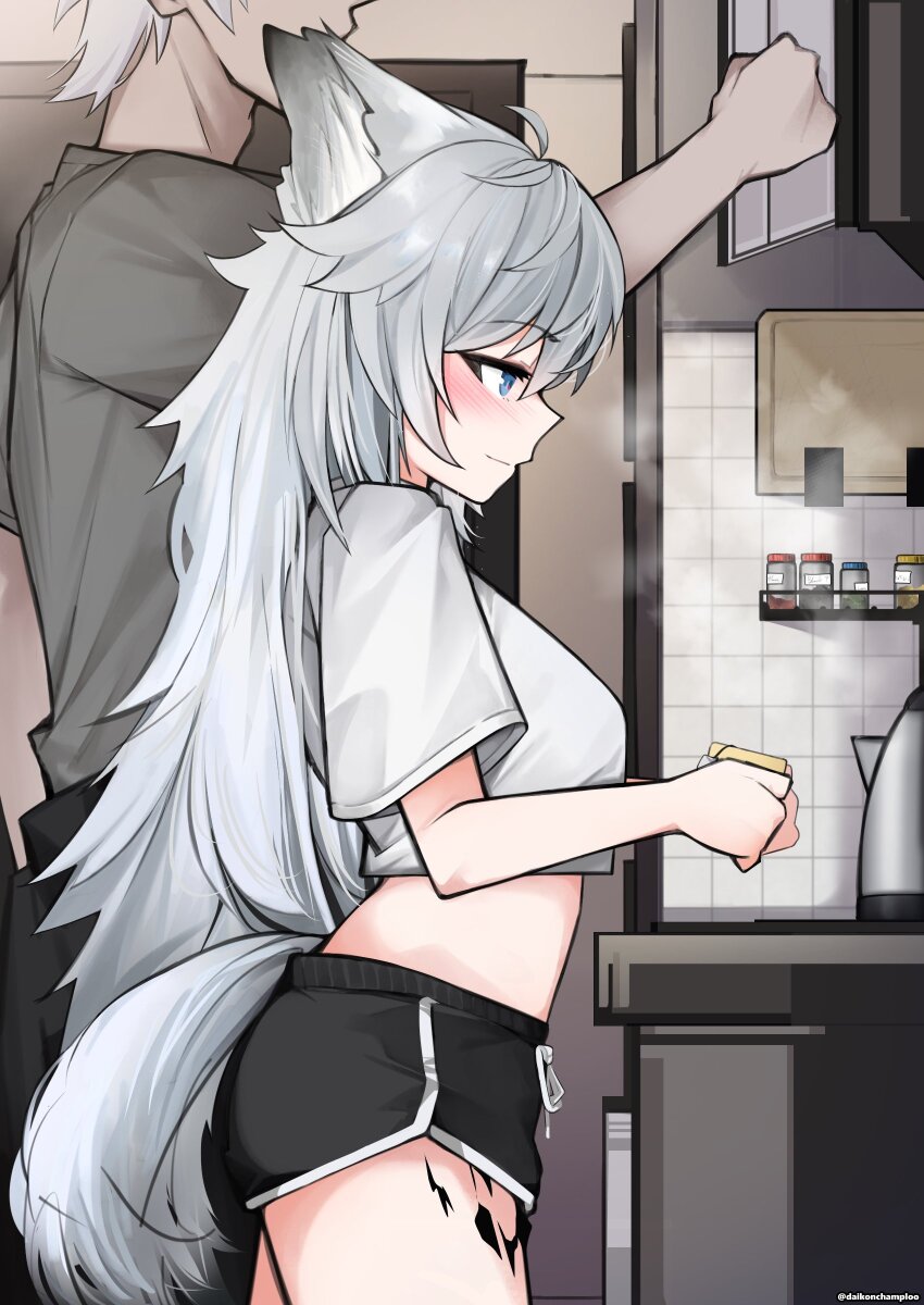 1boy 1girl absurdres animal_ears arknights biting biting_ear black_shorts blue_eyes blush breasts commentary crop_top cupboard cutting_board doctor_(arknights) dolphin_shorts electric_kettle english_commentary from_side grey_shirt hetero highres holding indoors kettle kitchen lappland_(arknights) large_breasts long_hair male_doctor_(arknights) material_growth midriff navel oripathy_lesion_(arknights) radish_(daikonchamma) shirt short_shorts shorts smile spice_rack tail tile_wall tiles white_shirt wolf_ears wolf_girl wolf_tail