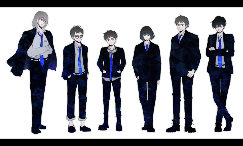 00s 10s 1980s_(style) 1990s_(style) 6+boys alternate_costume arms_at_sides artist_request ashitaka black_hair blouse blue_necktie bob_cut brown_hair collared_shirt company_connection crossed_arms crossed_legs crossover formal_clothes full_body grey_shirt haku hand_in_pocket hands_in_pockets highres howl howl_(howl_no_ugoku_shiro) howl_no_ugoku_shiro karigurashi_no_arrietty legs_together letterboxed lineup majo_no_takkyuubin male_focus mononoke_hime multiple_boys multiple_crossover necktie oldschool pazu retro_artstyle sen_to_chihiro_no_kamikakushi shirt short_hair shou_(karigurashi_no_arrietty) simple_background standing studio_ghibli suit tenkuu_no_shiro_laputa tombo_(majo_no_takkyuubin) white_background